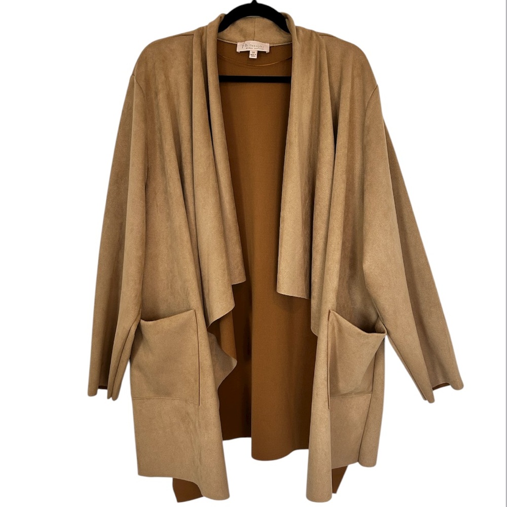 PHILOSOPHY WOMAN Plus Waterfall Jacket Faux Tan Leather/Suede Patch Pockets 3X‎